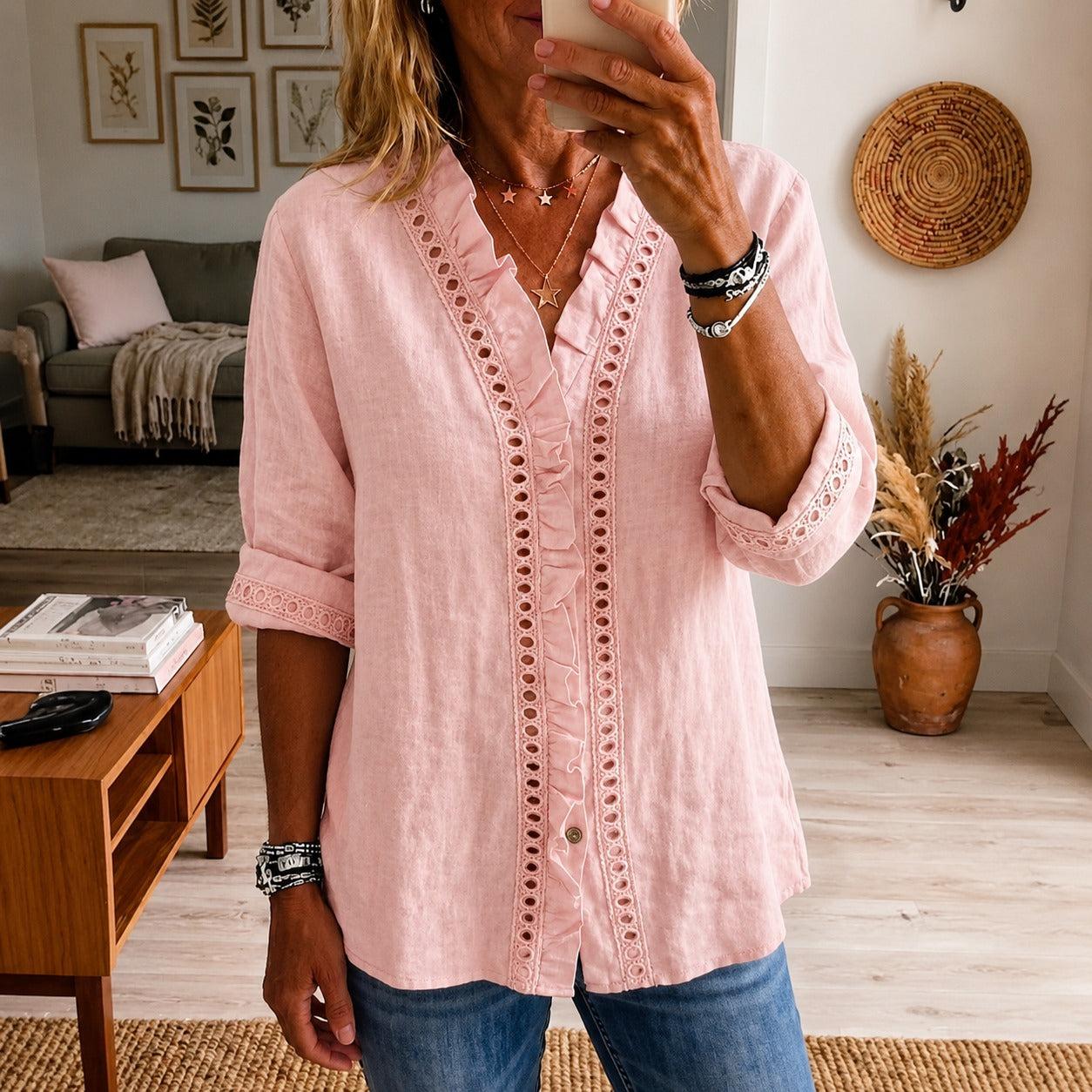 Linen Blouse Briony™ with Eyelet Lace and Ruffle Trim