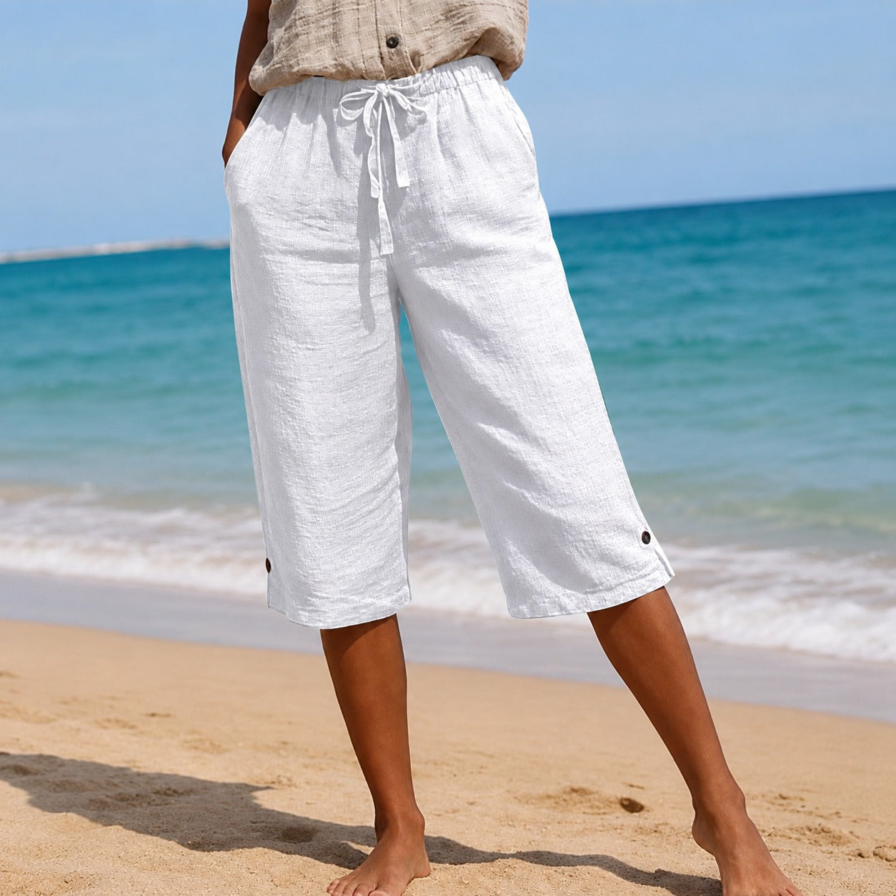 Renata™ Pantacourt Pants with Drawstring Waist, Side Pockets and Button Hem