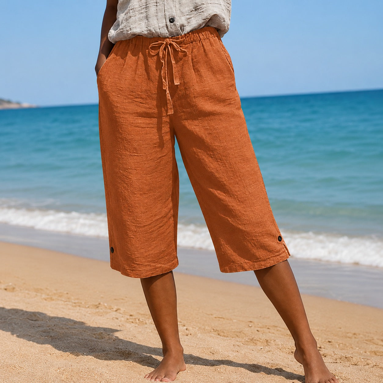 Renata™ Pantacourt Pants with Drawstring Waist, Side Pockets and Button Hem