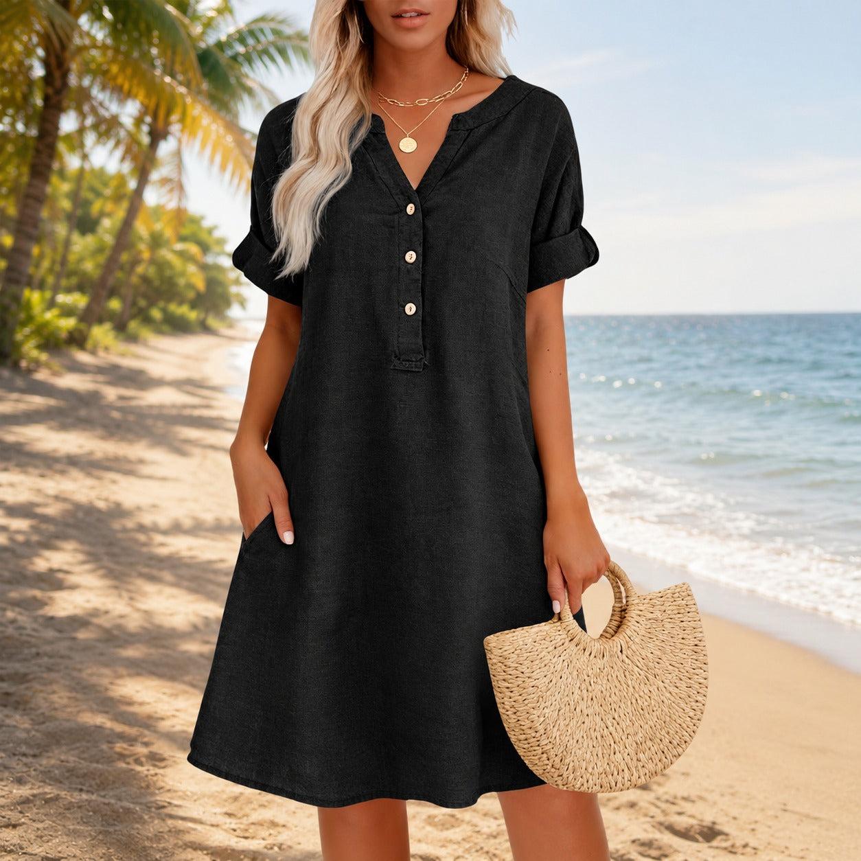 Dress Hadley™ in Cotton Linen with V-Neck, Button-Front and Side Pockets