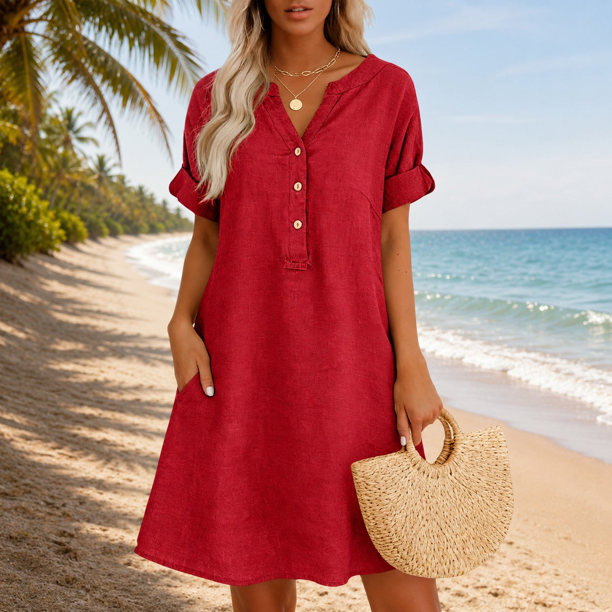 Dress Hadley™ in Cotton Linen with V-Neck, Button-Front and Side Pockets