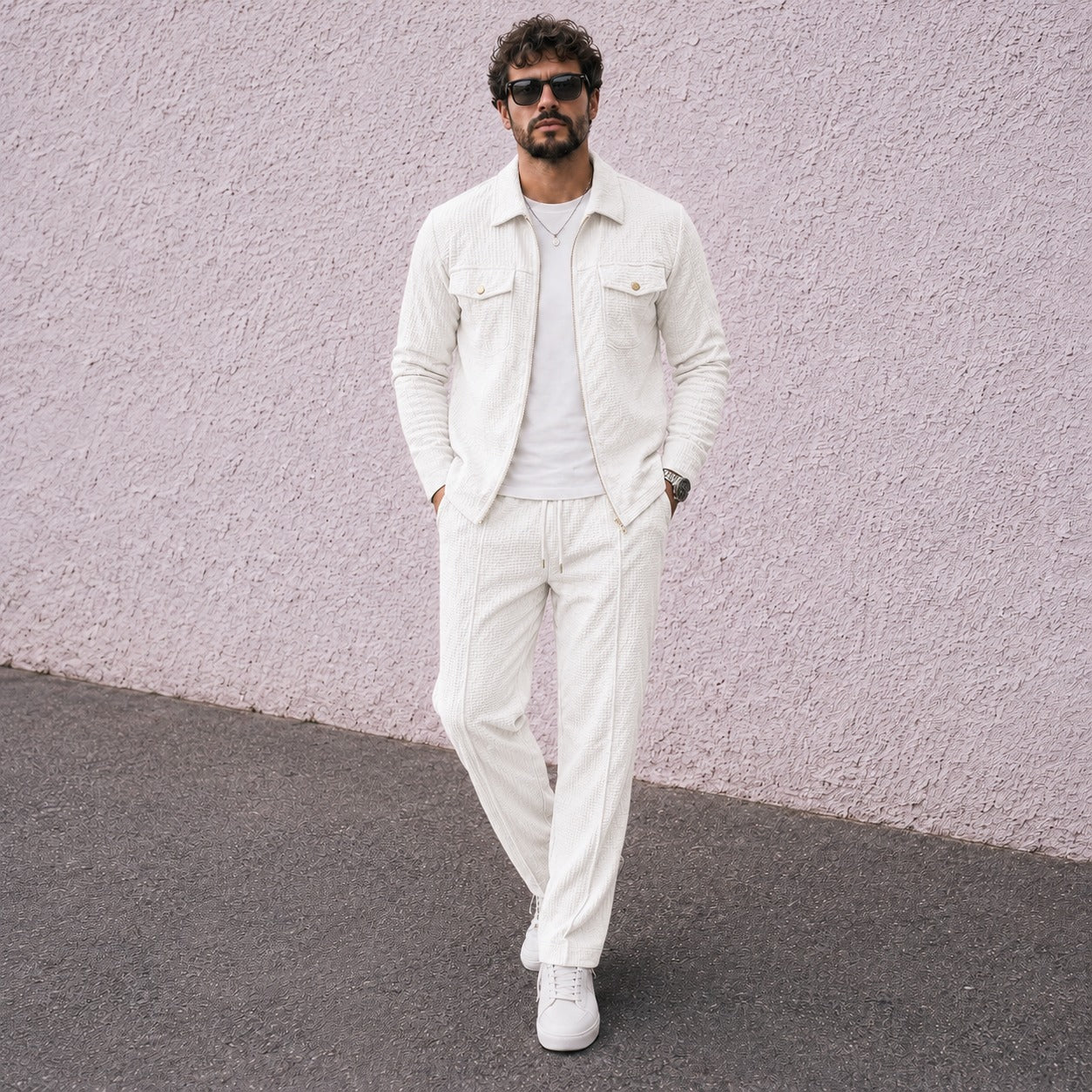 Coord Set Alvero™ with Textured Zip Overshirt and Drawstring Pants