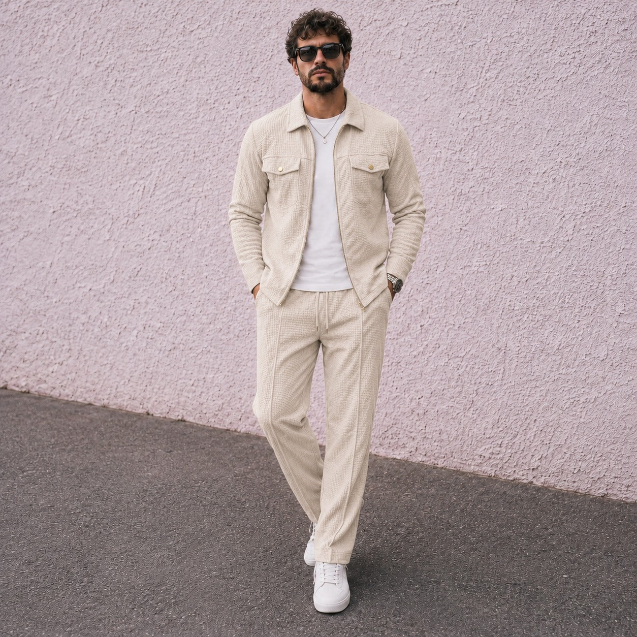 Coord Set Alvero™ with Textured Zip Overshirt and Drawstring Pants