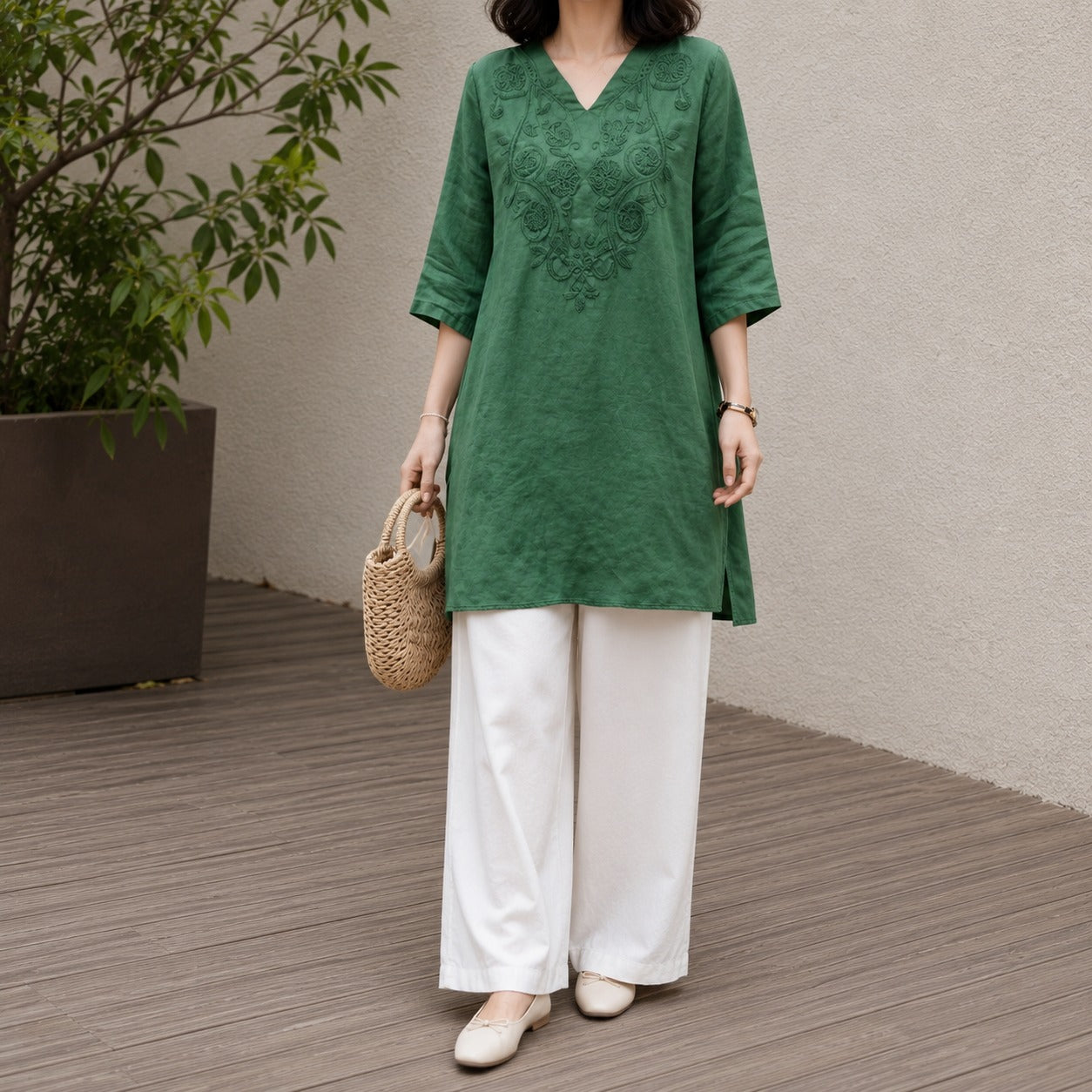 Caelia™ Cotton Tunic with Artisan Embroidery and Three-Quarter Sleeves