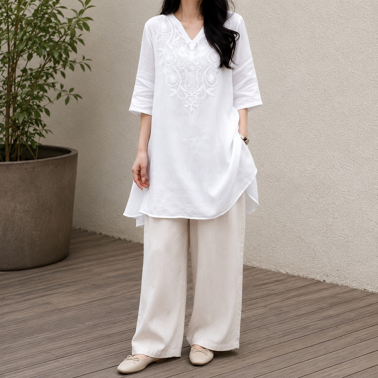 Caelia™ Cotton Tunic with Artisan Embroidery and Three-Quarter Sleeves