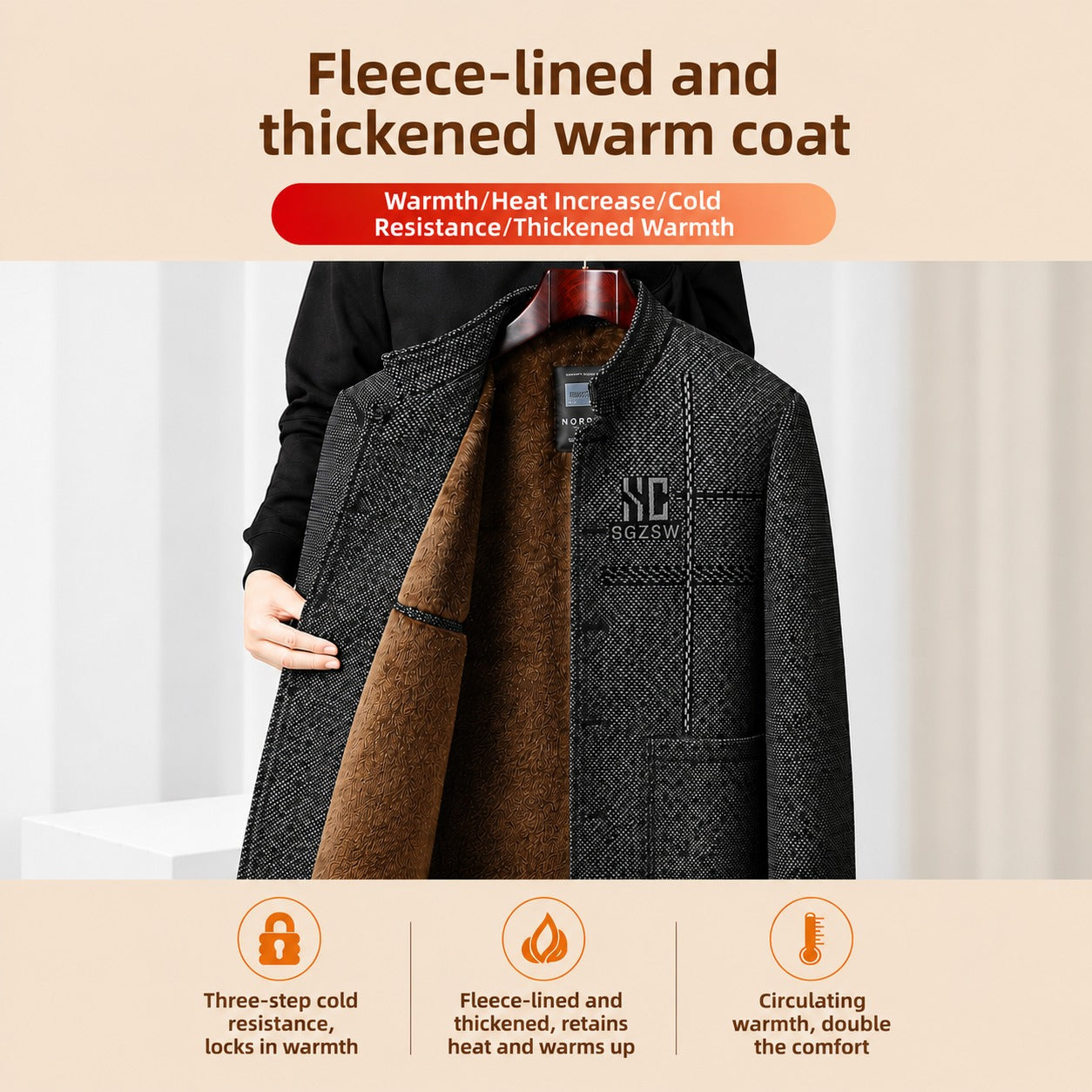 Coat Cedrik™ with Plush Fleece Lining, Stand Collar and Textured Fabric