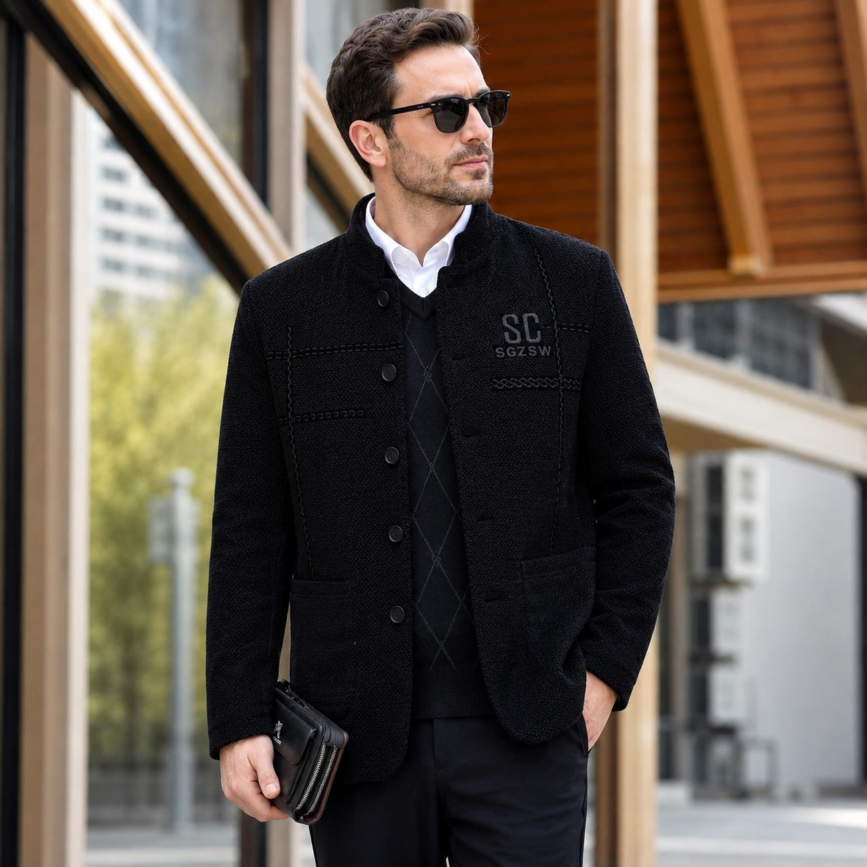 Coat Cedrik™ with Plush Fleece Lining, Stand Collar and Textured Fabric