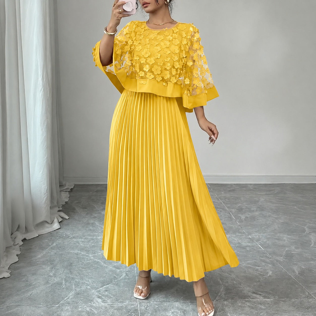 Rosmara™ 2-in-1 Midi Dress With 3D Floral Tulle And Pleated Skirt