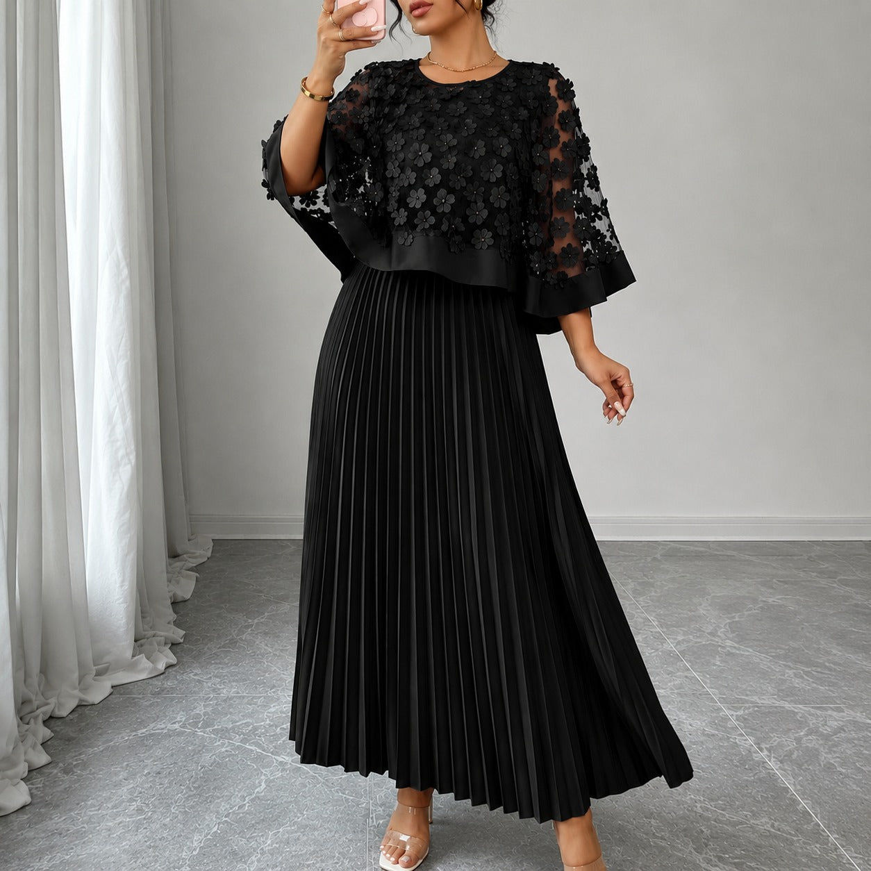 Rosmara™ 2-in-1 Midi Dress With 3D Floral Tulle And Pleated Skirt