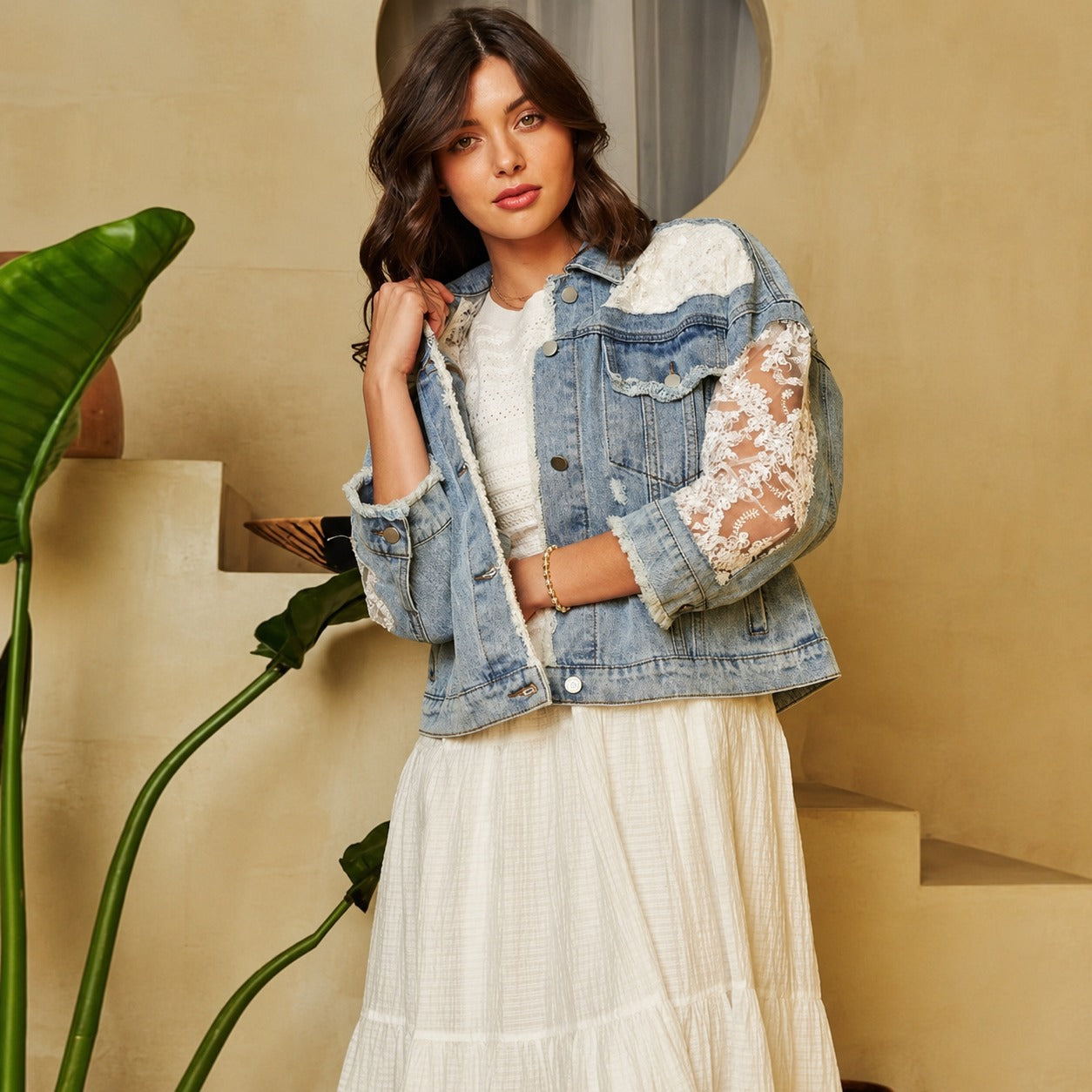 Denim Jacket Giselle™ with Sheer Floral Lace and Frayed Trim