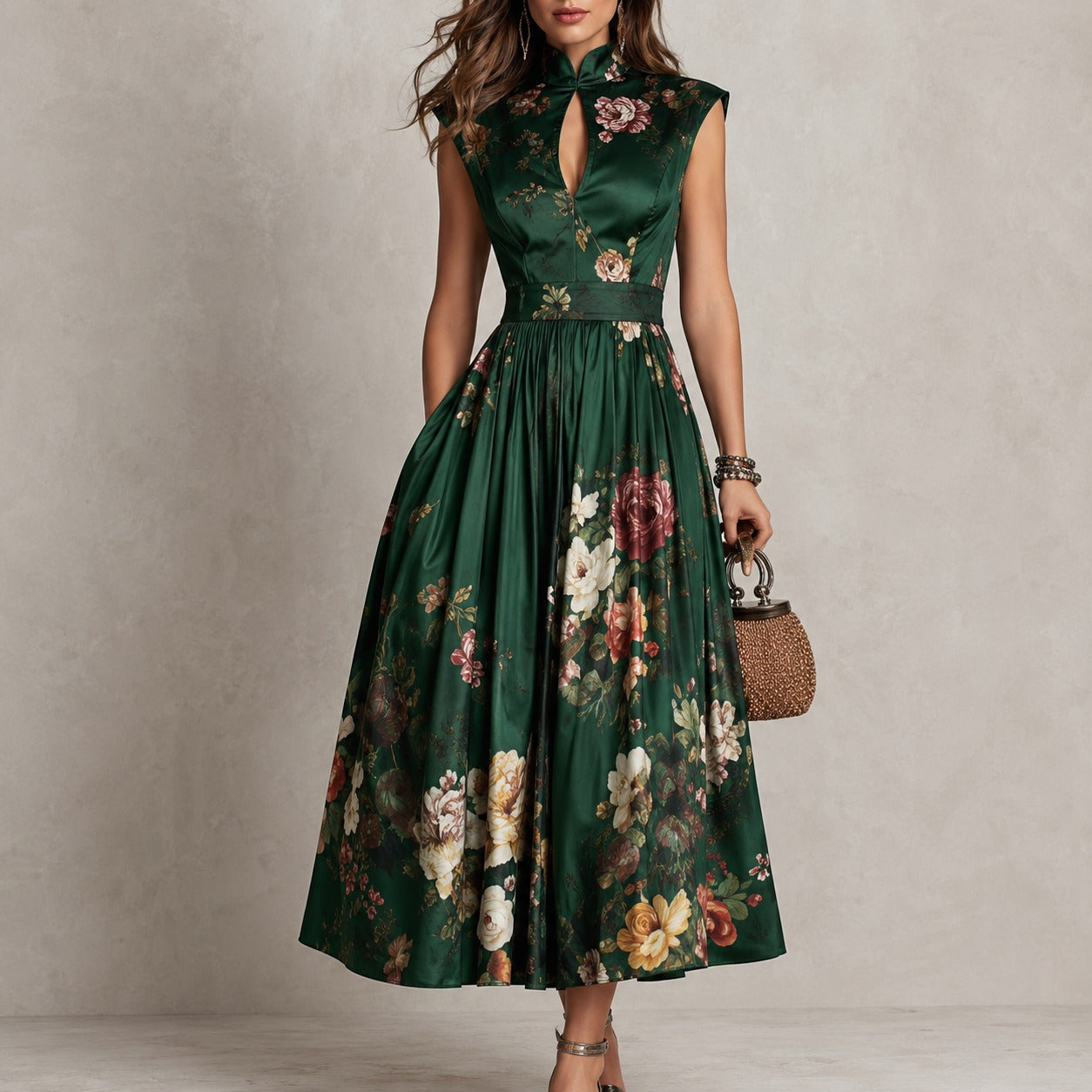 Dress Cambrie™ with Mandarin Collar, Keyhole Neckline and Floral A-Line Skirt