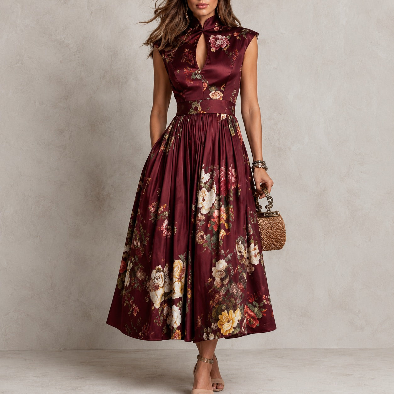 Dress Cambrie™ with Mandarin Collar, Keyhole Neckline and Floral A-Line Skirt