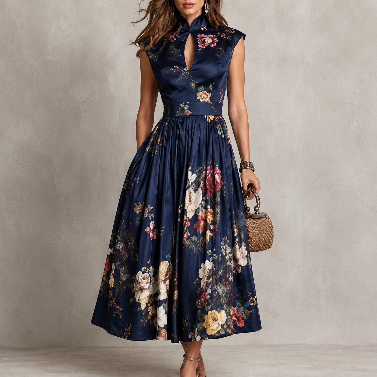 Dress Cambrie™ with Mandarin Collar, Keyhole Neckline and Floral A-Line Skirt