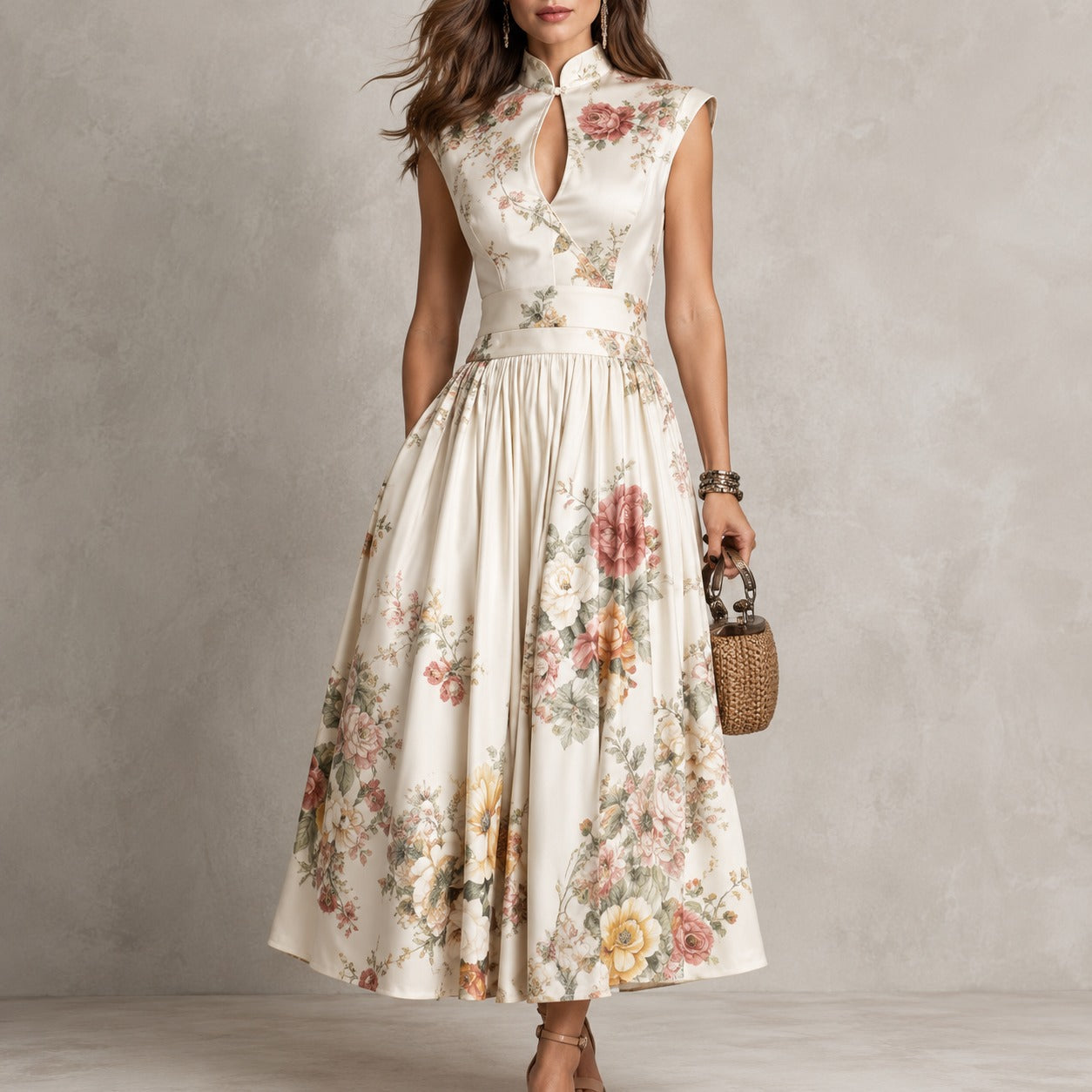 Dress Cambrie™ with Mandarin Collar, Keyhole Neckline and Floral A-Line Skirt