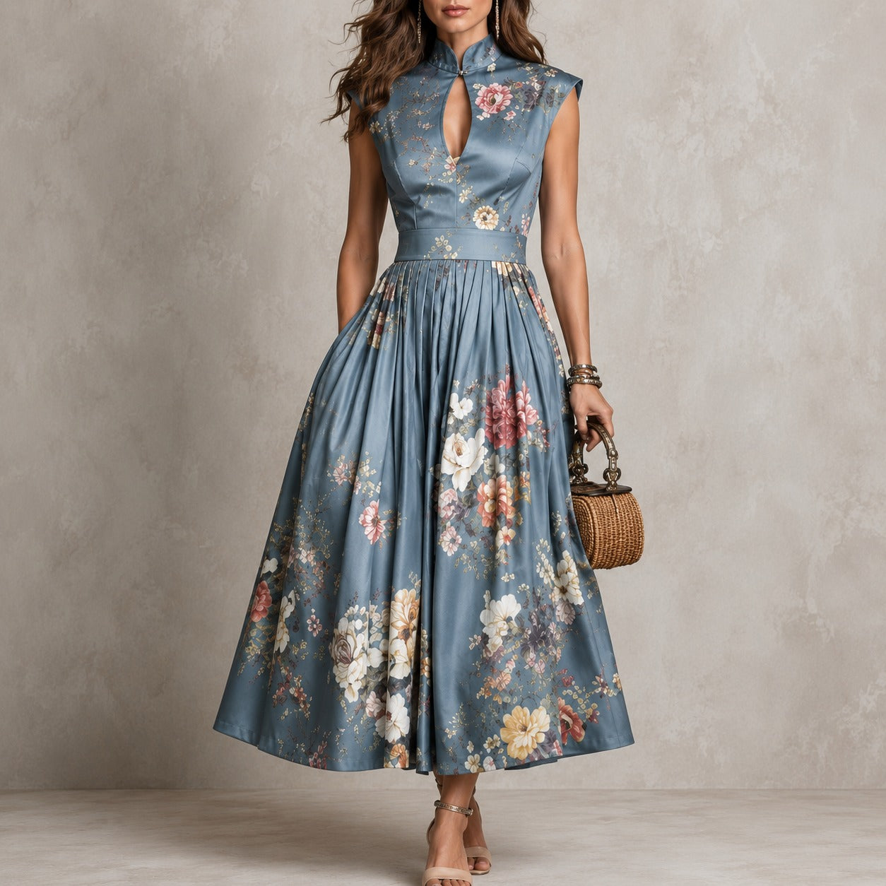 Dress Cambrie™ with Mandarin Collar, Keyhole Neckline and Floral A-Line Skirt
