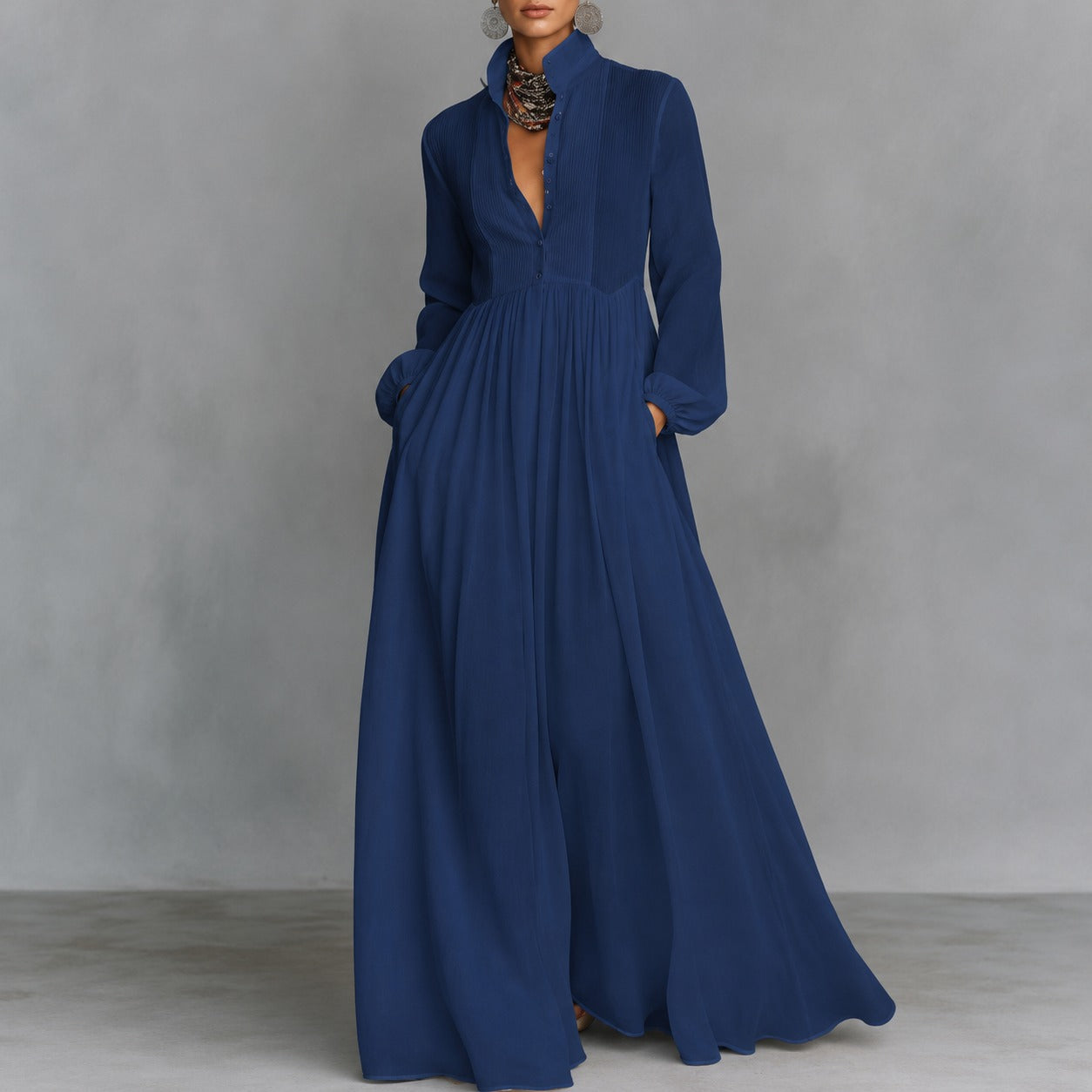 Dress Ardelle™ with Pleated Texture, Stand Collar and Flowy Skirt