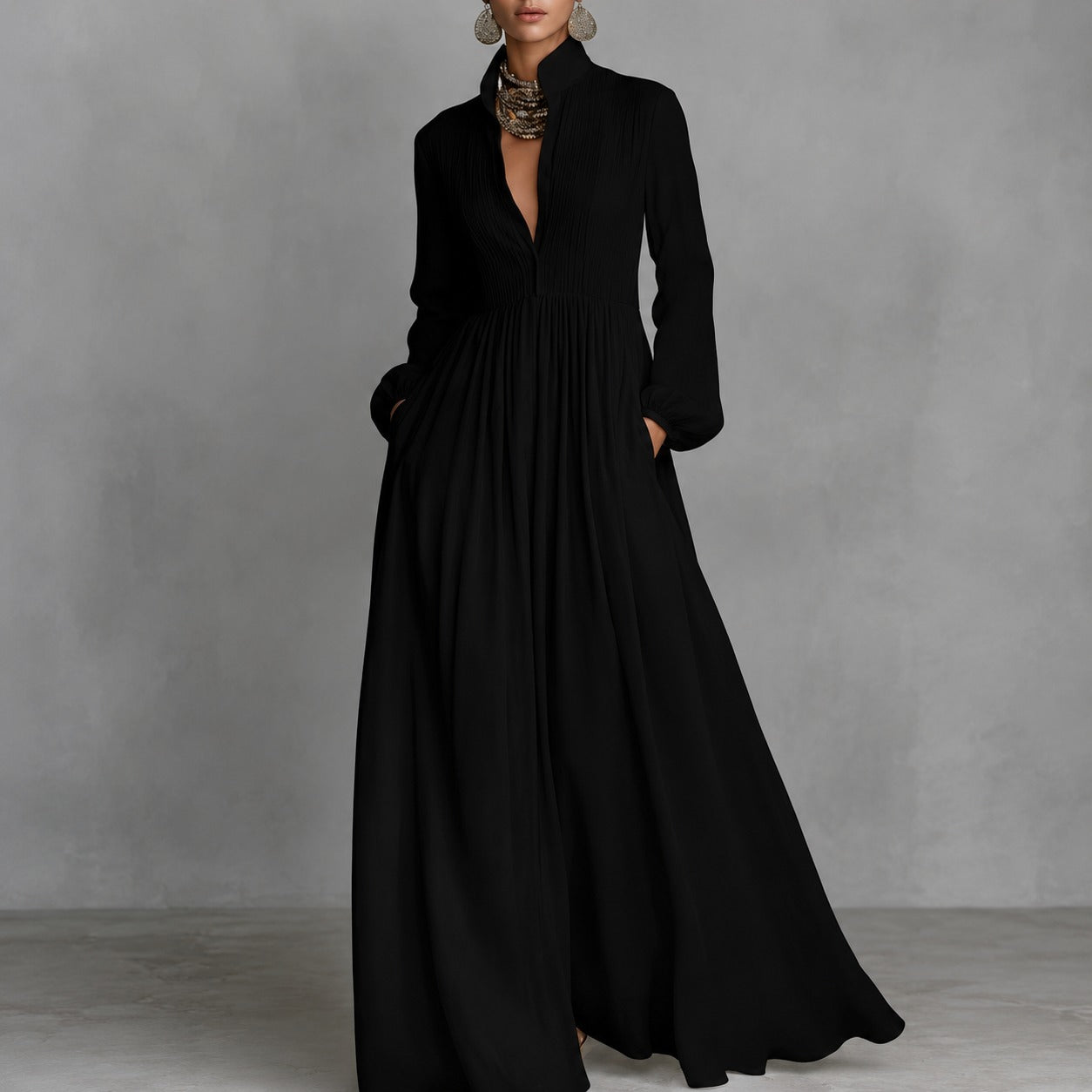Dress Ardelle™ with Pleated Texture, Stand Collar and Flowy Skirt