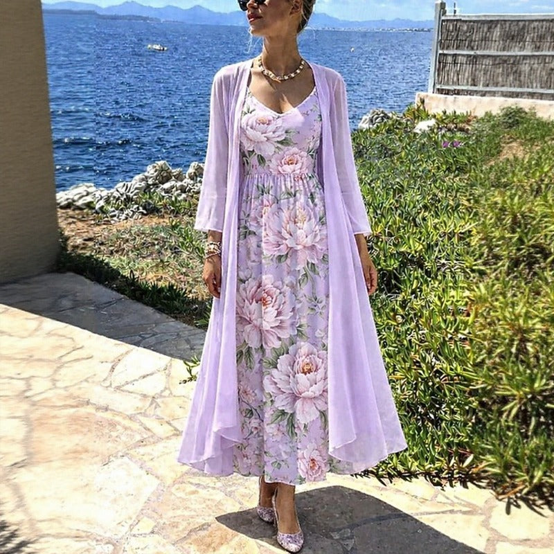 Florisse™ Midi Dress Set With Long Floral Cardigan