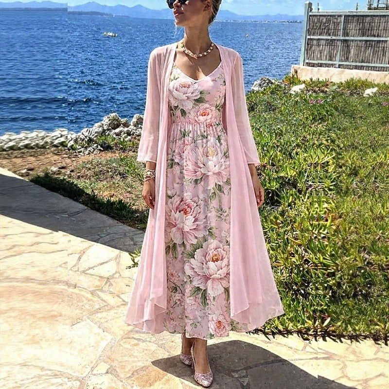 Florisse™ Midi Dress Set With Long Floral Cardigan