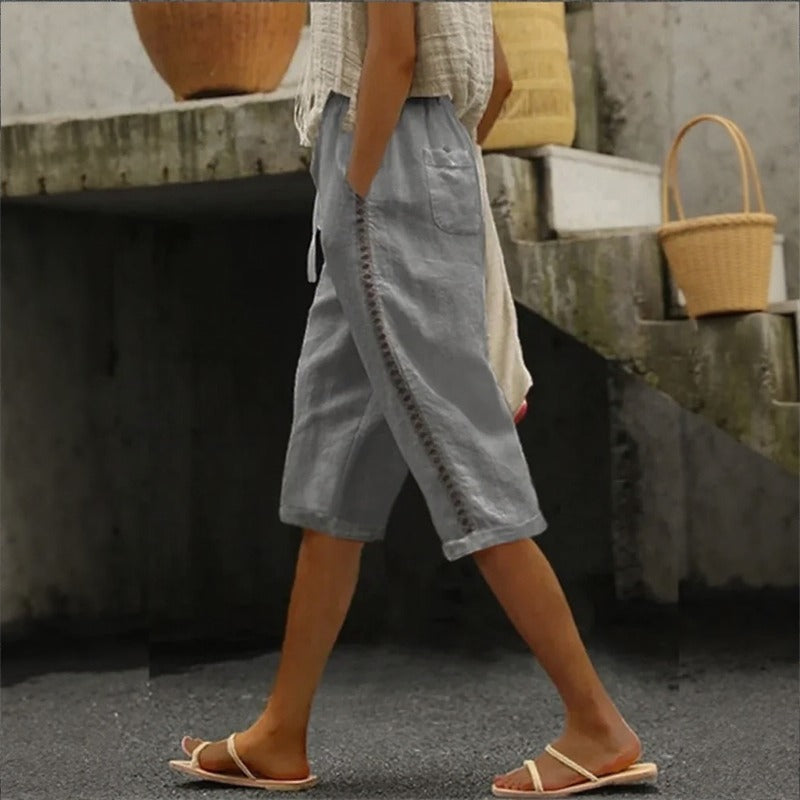 Tavina™ Cotton-Linen Cropped Wide-Leg Pants With Side Cutout Details