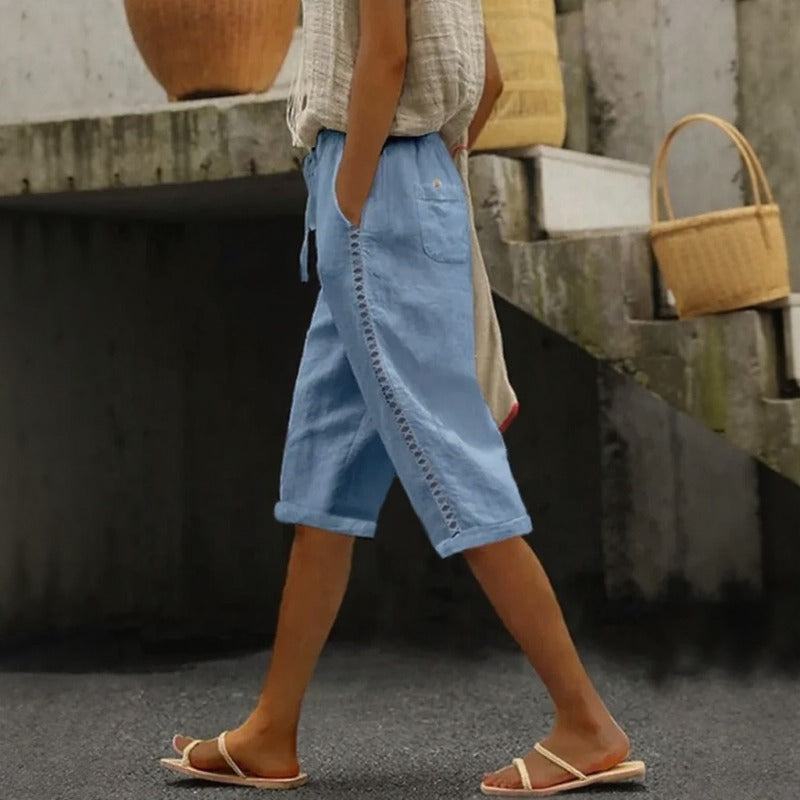 Tavina™ Cotton-Linen Cropped Wide-Leg Pants With Side Cutout Details
