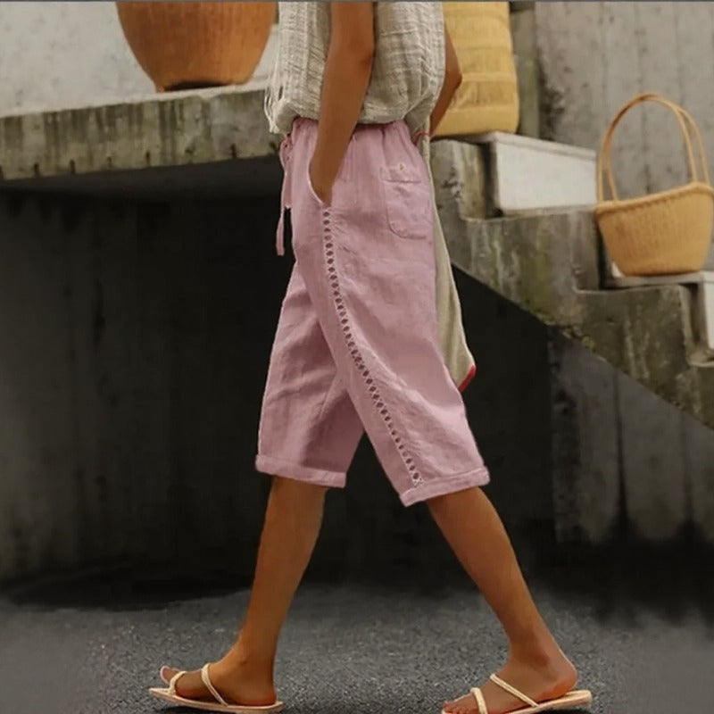Tavina™ Cotton-Linen Cropped Wide-Leg Pants With Side Cutout Details