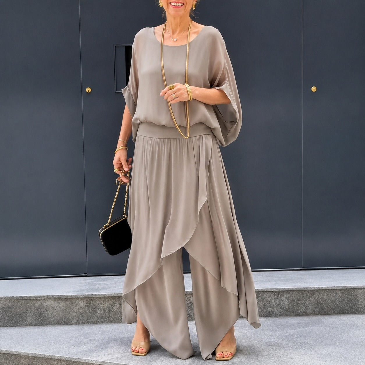 Set Evania™ with Batwing Top and Layered Wide-Leg Pants