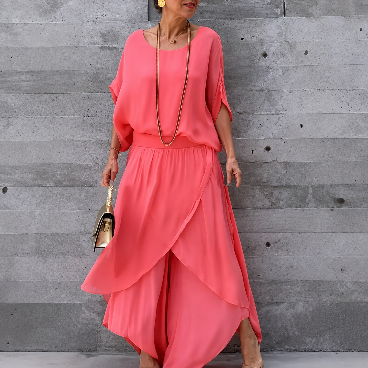 Set Evania™ with Batwing Top and Layered Wide-Leg Pants