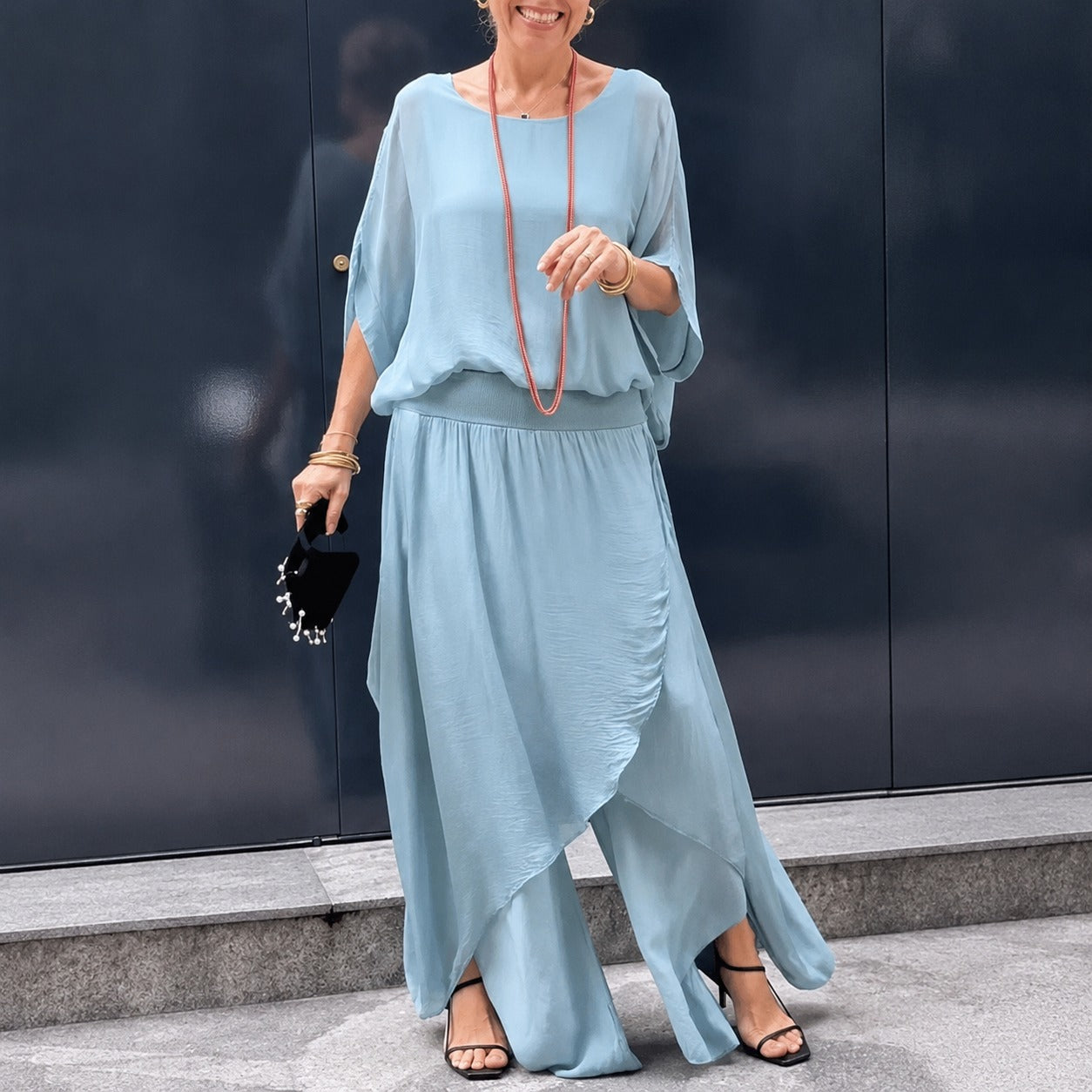 Set Evania™ with Batwing Top and Layered Wide-Leg Pants