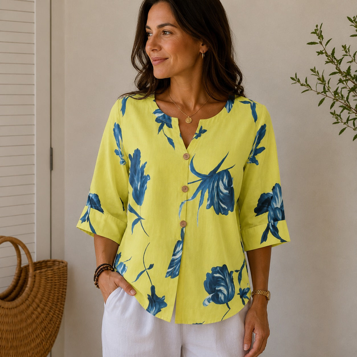 Blouse Sadie™ Linen-Cotton Blend with Floral Print, Notched Neck and Button-Front
