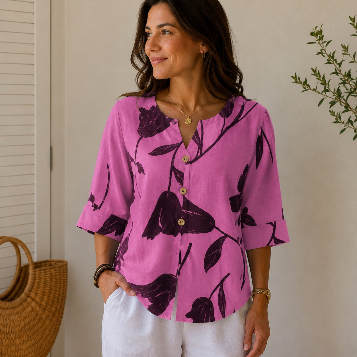 Blouse Sadie™ Linen-Cotton Blend with Floral Print, Notched Neck and Button-Front