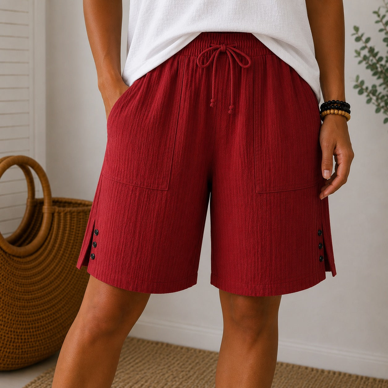 Auden™ Cotton-Linen Shorts with Drawstring Waist, Utility Pockets and Side Button Hem