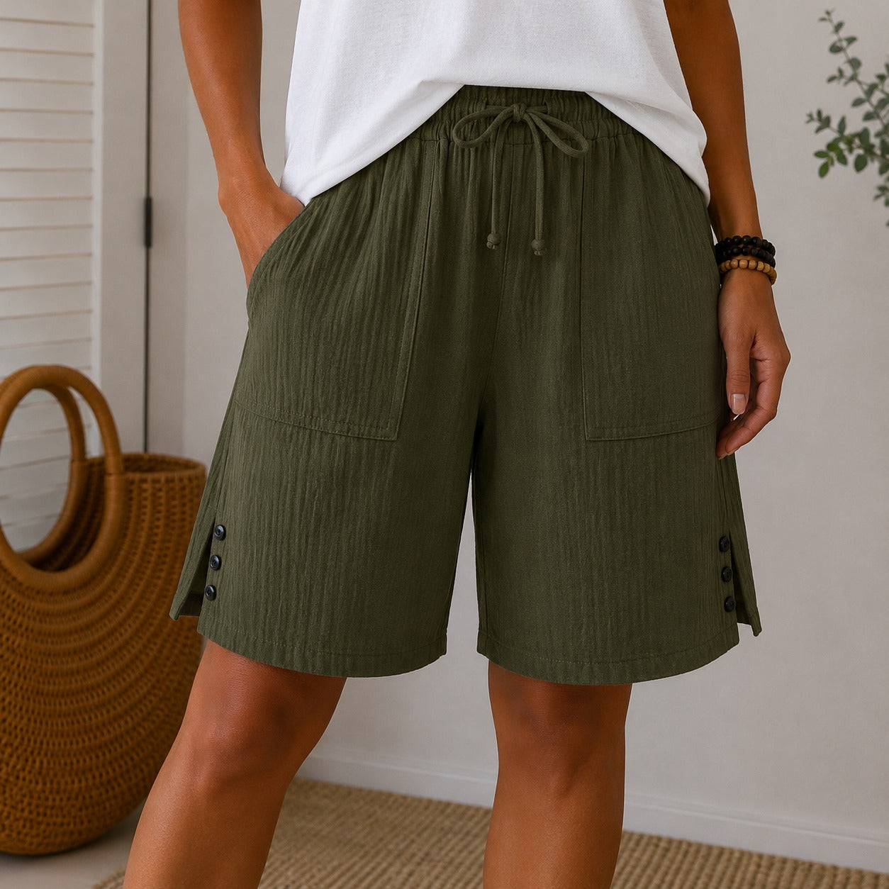 Auden™ Cotton-Linen Shorts with Drawstring Waist, Utility Pockets and Side Button Hem