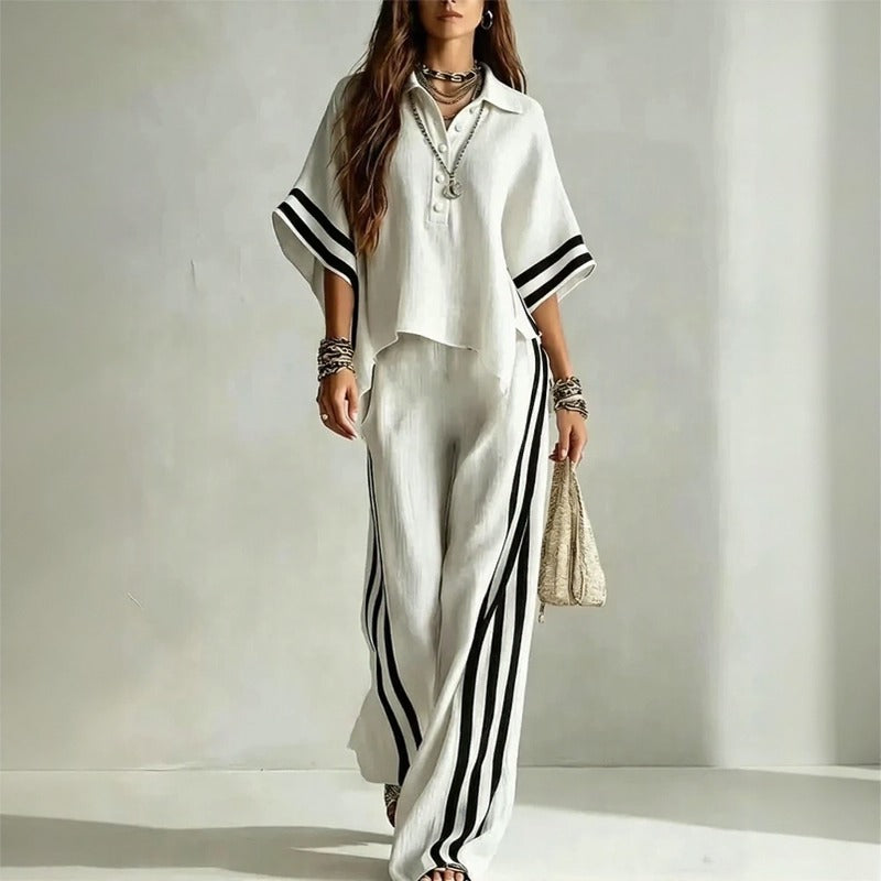 Vallena™ Wide-Sleeve Top and Palazzo Pants Set With Contrast Stripes