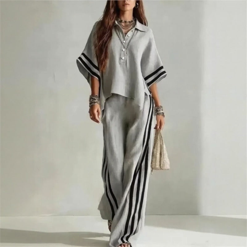 Vallena™ Wide-Sleeve Top and Palazzo Pants Set With Contrast Stripes