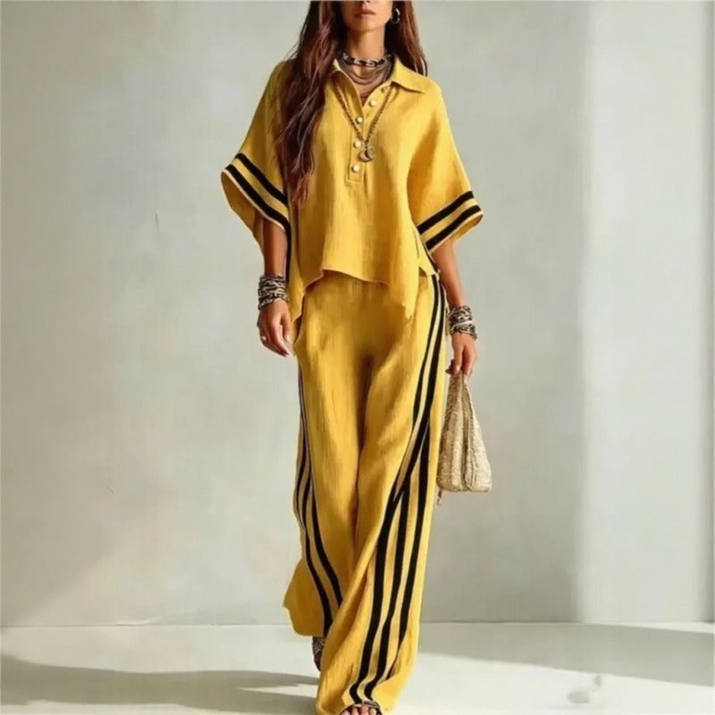 Vallena™ Wide-Sleeve Top and Palazzo Pants Set With Contrast Stripes