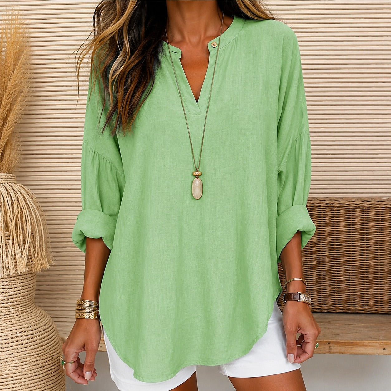Blouse Lillian™ Cotton Linen with Split V-Neck and Relaxed Fit