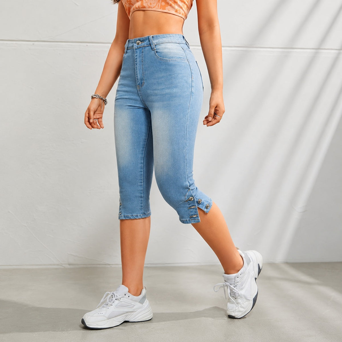 Serelle™ Capri Jeans with a High Rise, Adjustable Side Button Hem and Total Stretch