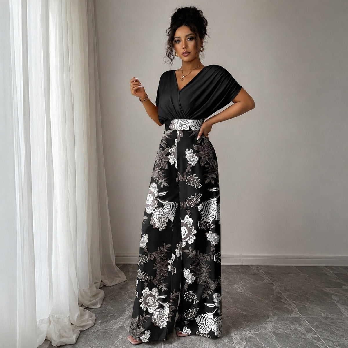 Jumpsuit Evelina™ with Draped V-Neck, Defined Waist and Wide-Leg Fit