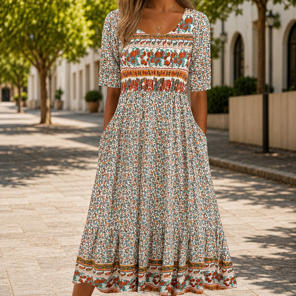 Dress Avignon™ with Mixed Floral Prints and Flowy Maxi Skirt