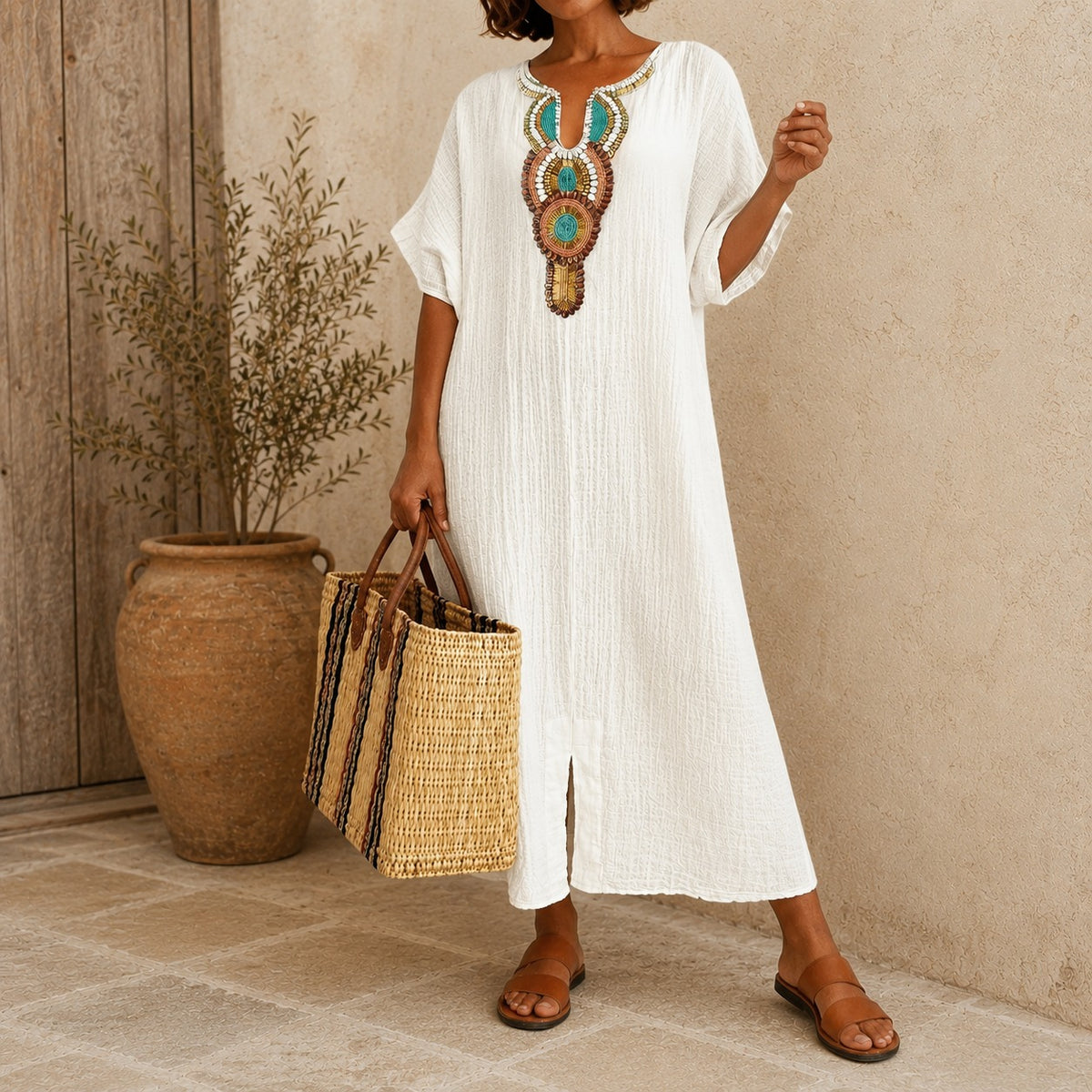 Amarena™ Linen-Cotton Dress with Artisanal Details and Relaxed Fit / Effortless Charm That Flatters the Figure and Feels Light
