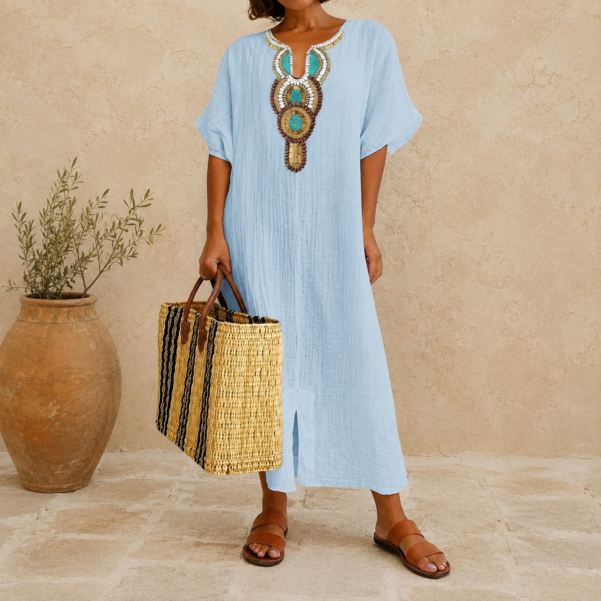 Amarena™ Linen-Cotton Dress with Artisanal Details and Relaxed Fit / Effortless Charm That Flatters the Figure and Feels Light