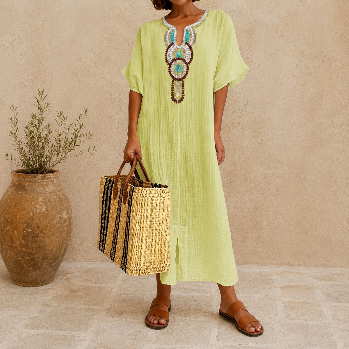 Amarena™ Linen-Cotton Dress with Artisanal Details and Relaxed Fit / Effortless Charm That Flatters the Figure and Feels Light
