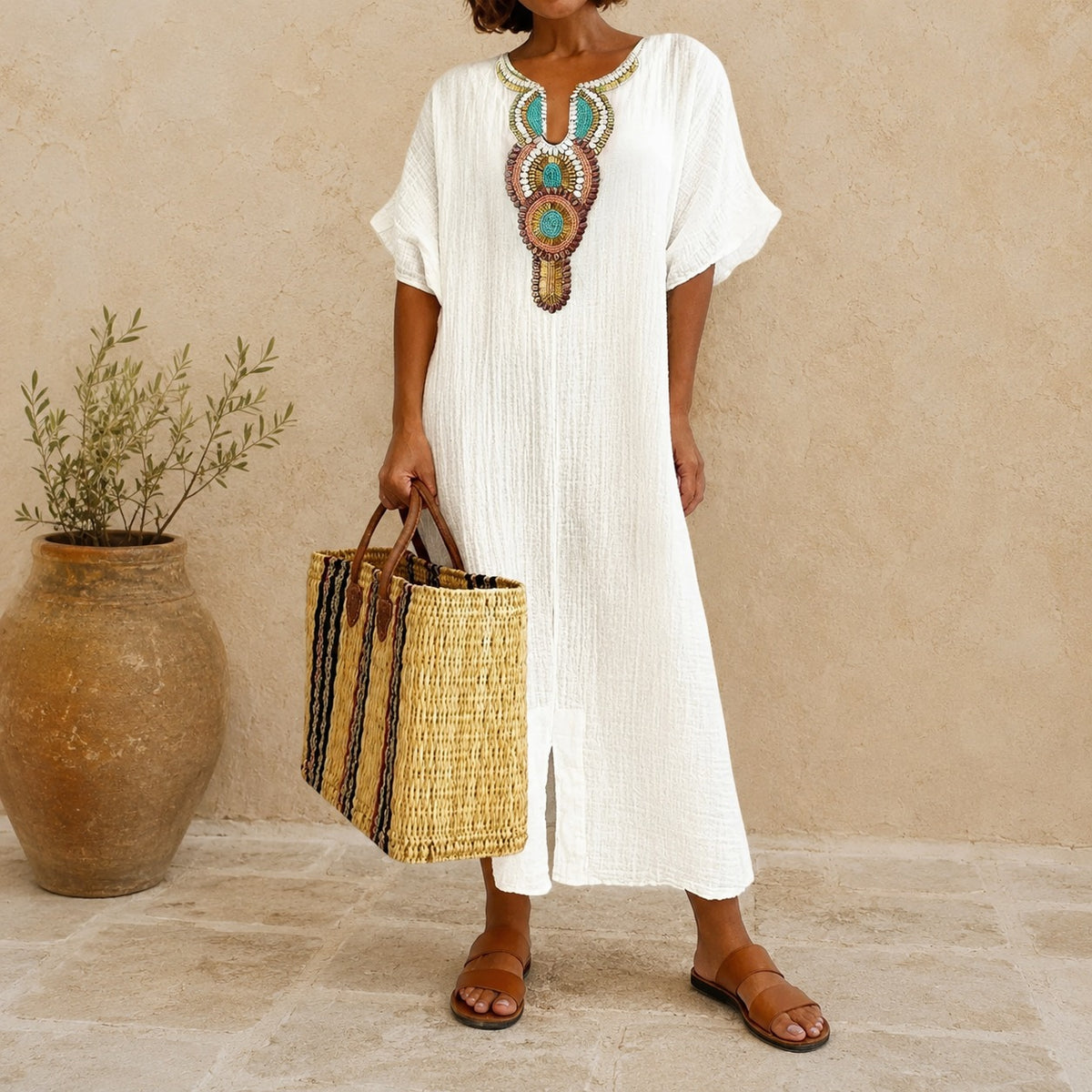 Amarena™ Linen-Cotton Dress with Artisanal Details and Relaxed Fit / Effortless Charm That Flatters the Figure and Feels Light