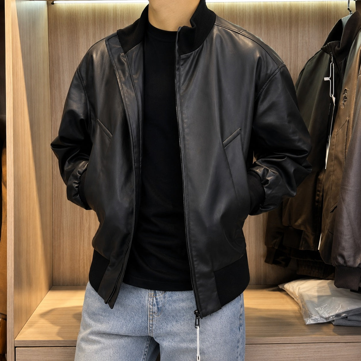 Travis™ Leather Bomber Jacket with Ribbed Collar and Cuffs