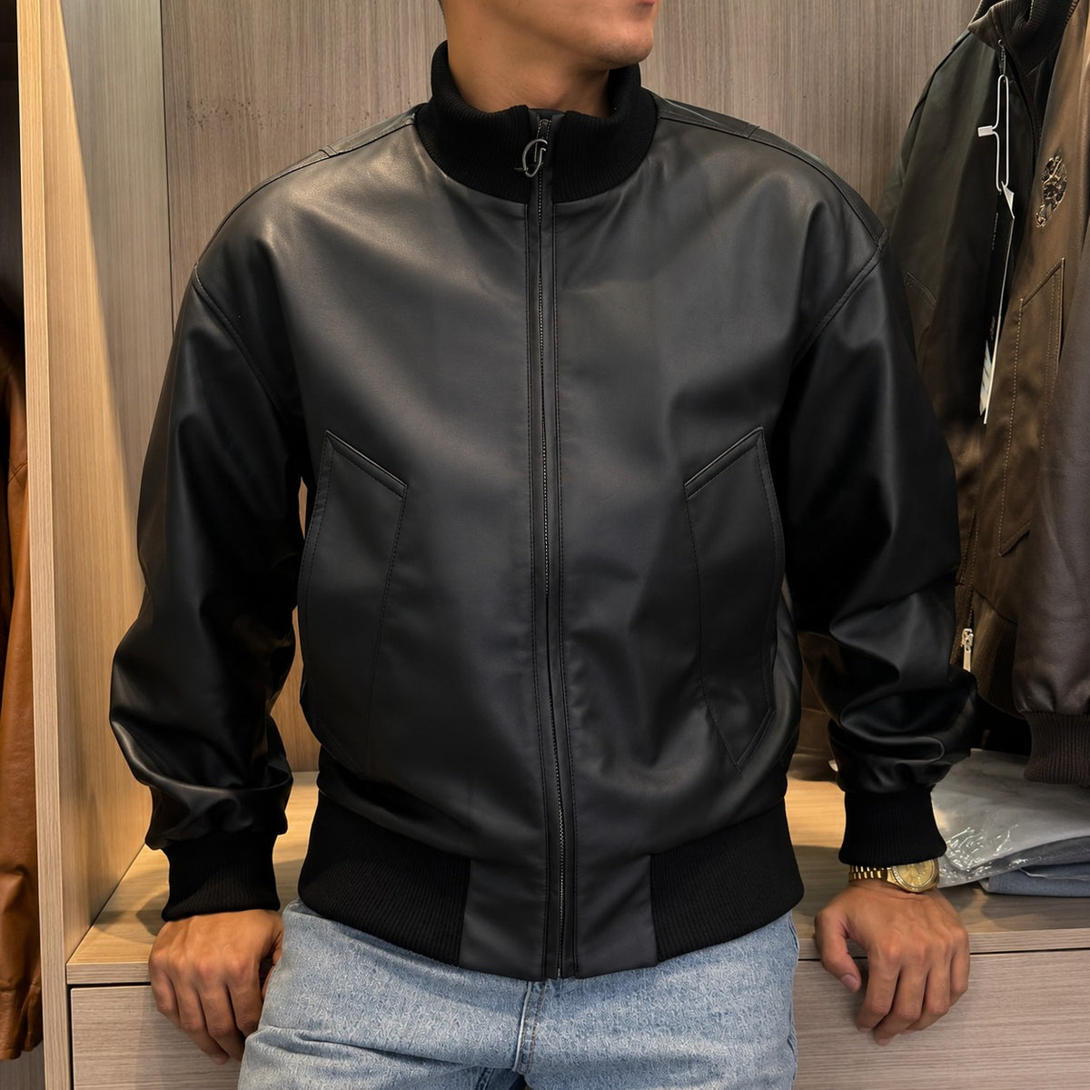 Travis™ Leather Bomber Jacket with Ribbed Collar and Cuffs