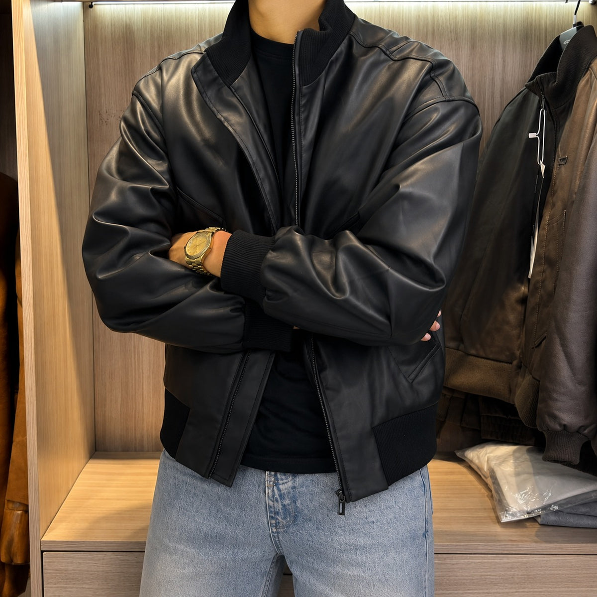 Travis™ Leather Bomber Jacket with Ribbed Collar and Cuffs