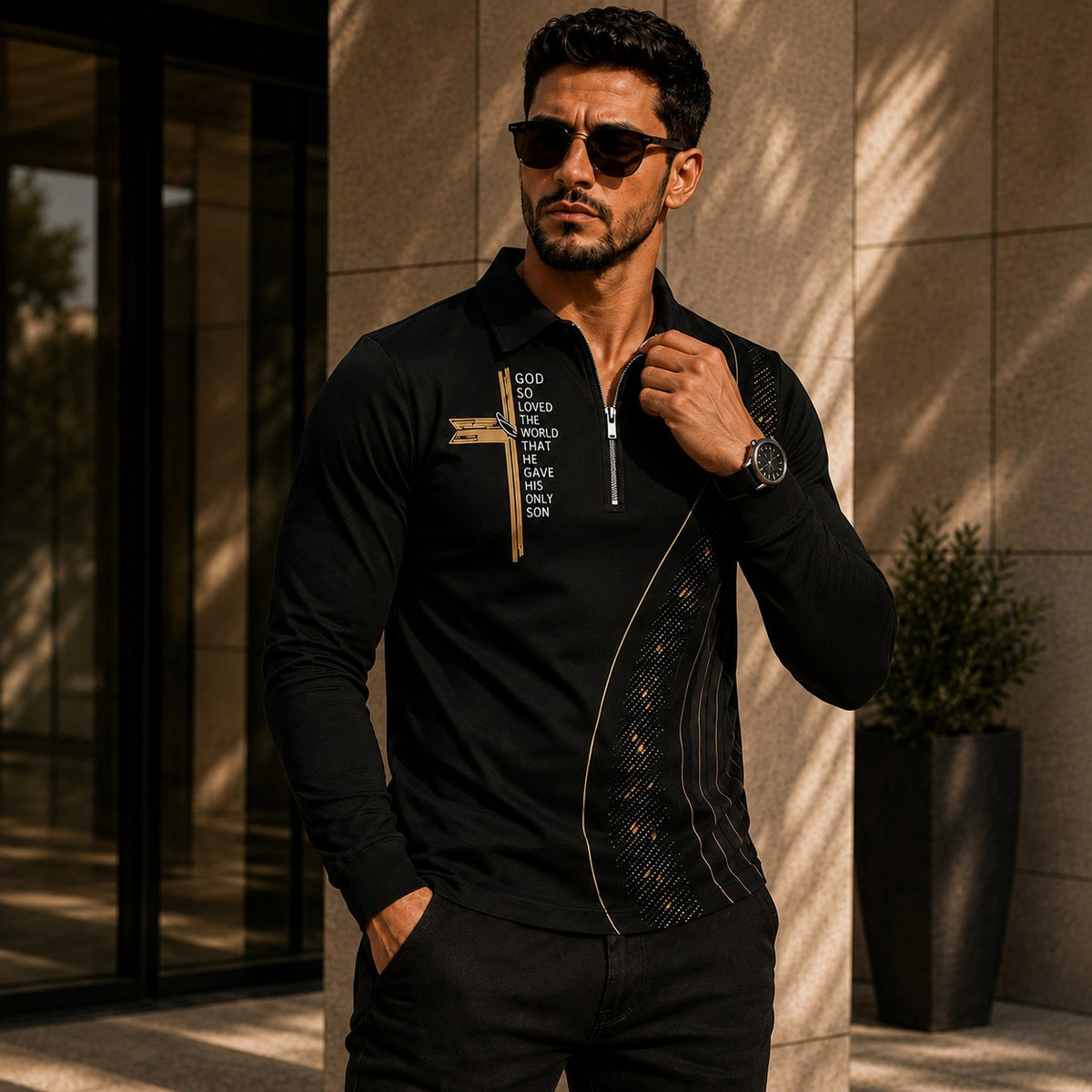 Shirt Blaine™ with Gold Accents, Textured Panel and Half-Zip Collar