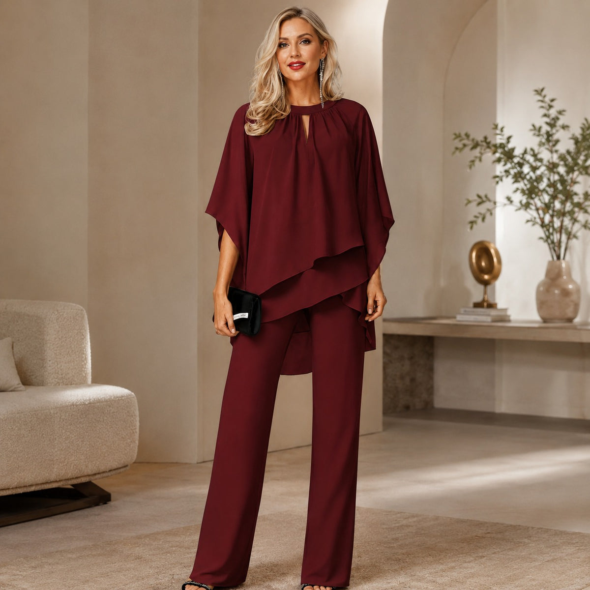Celinne™ Set with Chiffon Blouse, High-Low Hem and Sophisticated Straight-Leg Pants / A Complete Look for Special Occasions