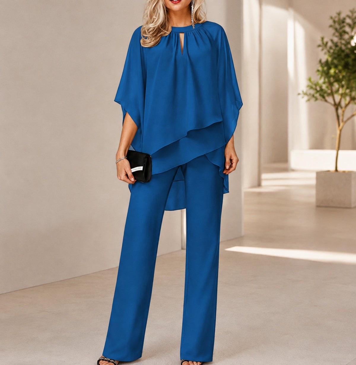 Celinne™ Set with Chiffon Blouse, High-Low Hem and Sophisticated Straight-Leg Pants / A Complete Look for Special Occasions